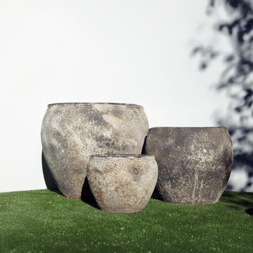 Pompeii Opium Jar Planter with black and white volcanic texture finish, rounded ceramic planter for indoor and outdoor use, available with Sydney and Canberra delivery
