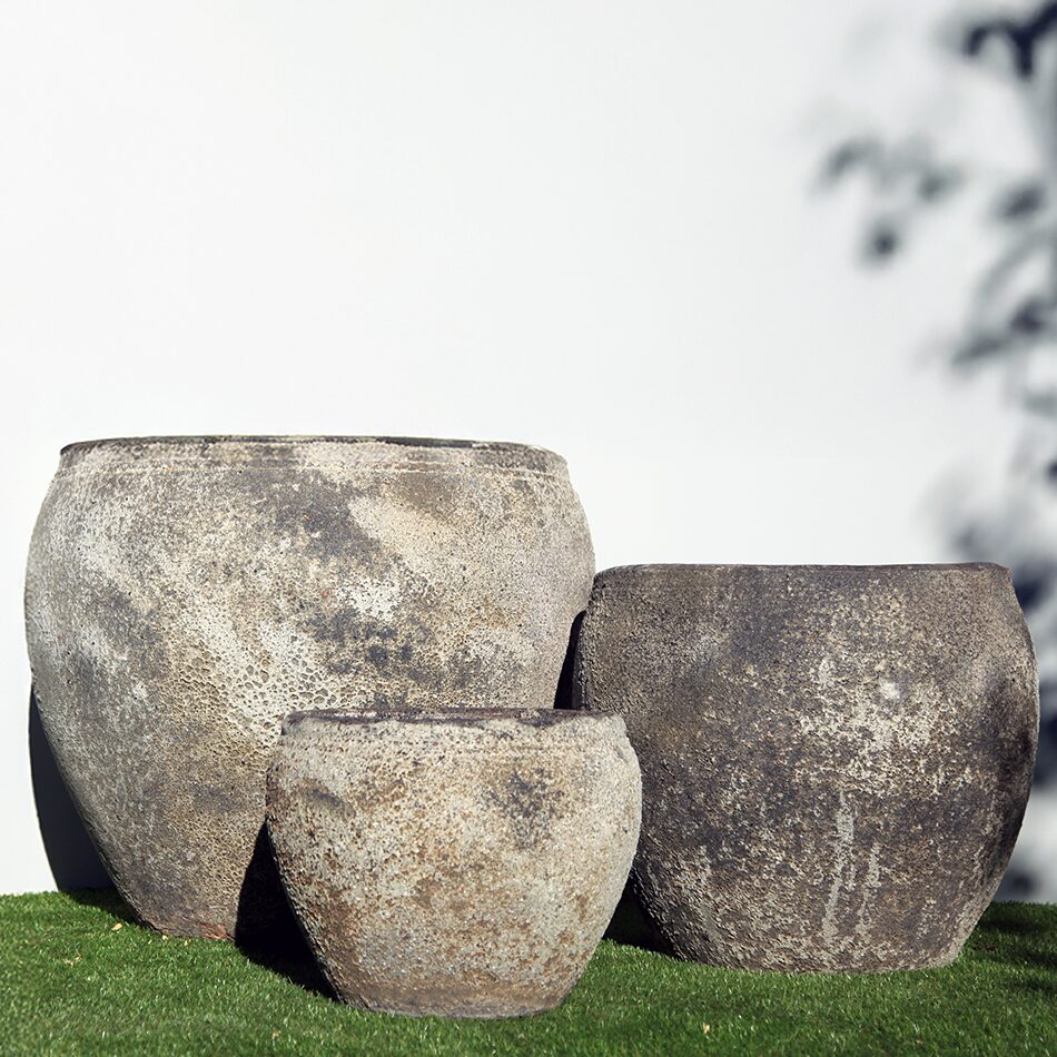 Pompeii Opium Jar Planter with black and white volcanic texture finish, rounded ceramic planter for indoor and outdoor use, available with Sydney and Canberra delivery