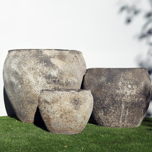 Pompeii Opium Jar Planter with black and white volcanic texture finish, rounded ceramic planter for indoor and outdoor use, available with Sydney and Canberra delivery