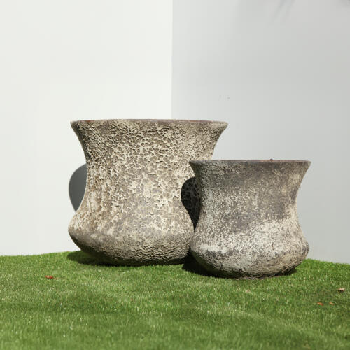 Pompeii Tall Lotus Planter with black and white volcanic texture finish, tall flared ceramic planter for indoor and outdoor use, available with Sydney and Canberra delivery