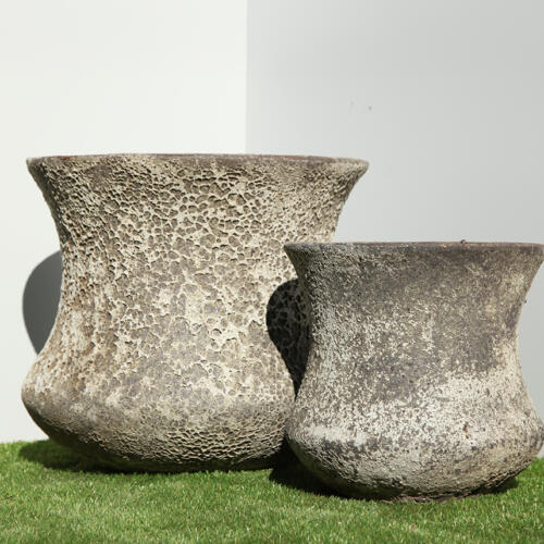 Pompeii Tall Lotus Planter with black and white volcanic texture finish, tall flared ceramic planter for indoor and outdoor use, available with Sydney and Canberra delivery