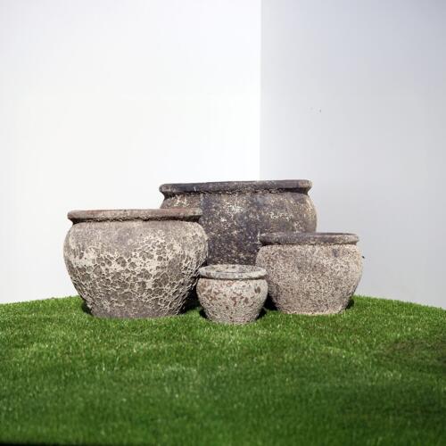 Pompeii Belly Planter with black and white volcanic texture finish, rounded ceramic planter for indoor and outdoor use, available with Sydney and Canberra delivery
