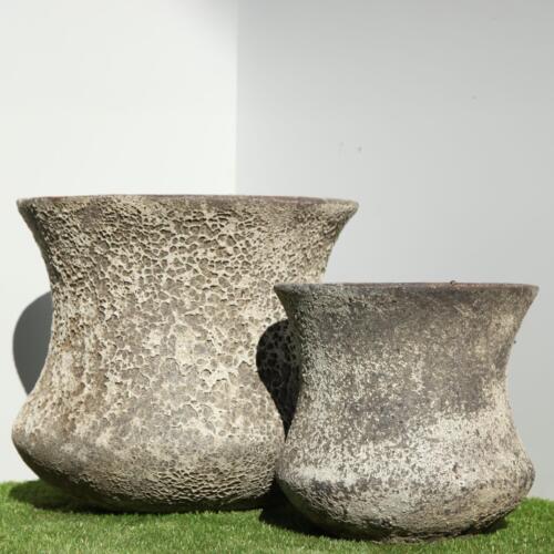 Pompeii Tall Lotus Planter with black and white volcanic texture finish, tall flared ceramic planter for indoor and outdoor use, available with Sydney and Canberra delivery