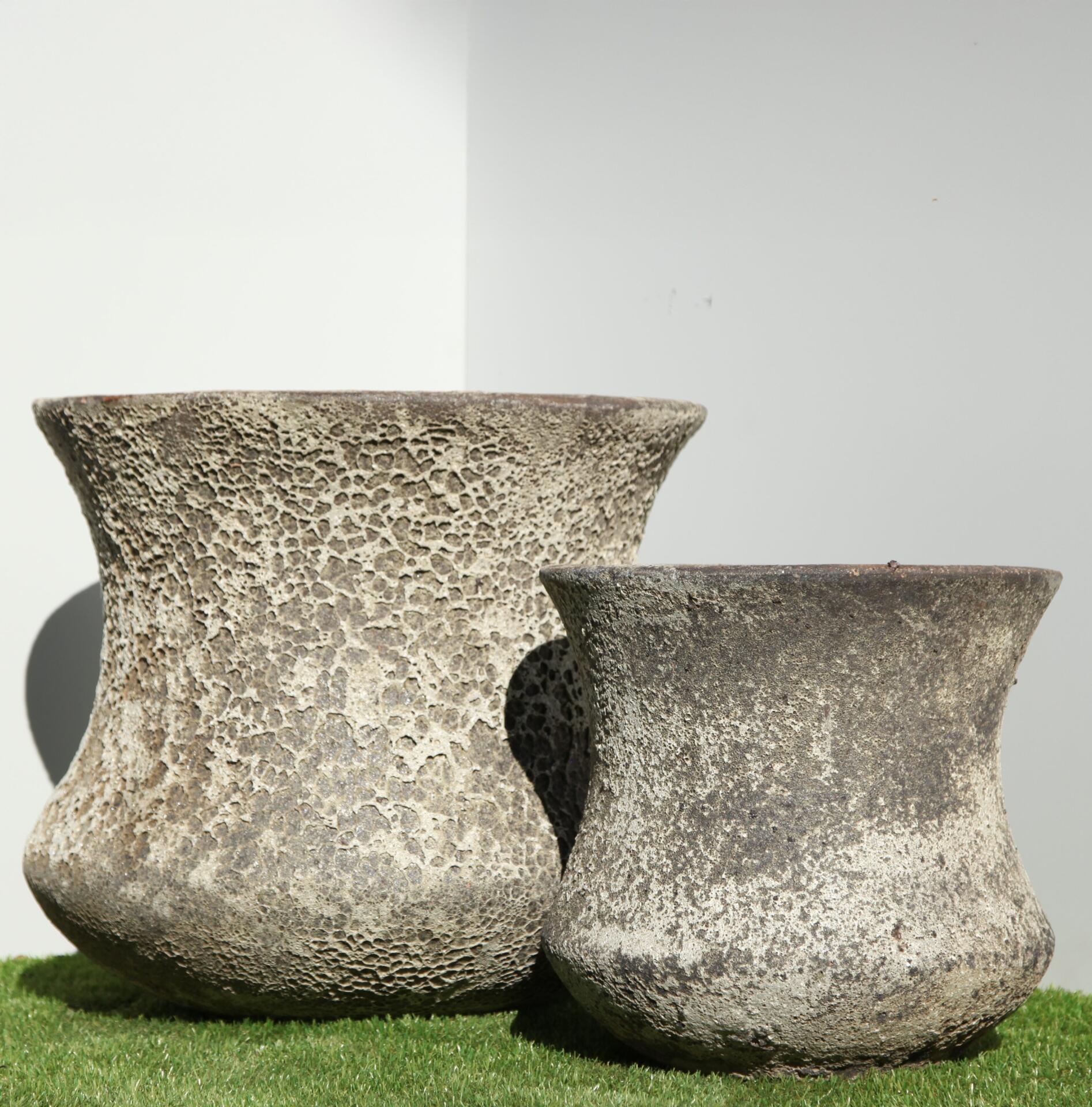 Pompeii Tall Lotus Planter with black and white volcanic texture finish, tall flared ceramic planter for indoor and outdoor use, available with Sydney and Canberra delivery