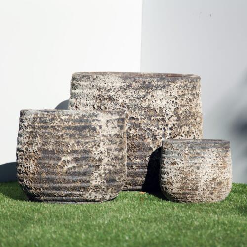 Pompeii Ribbed Planter with horizontal ribbing and black-and-white volcanic-style finish