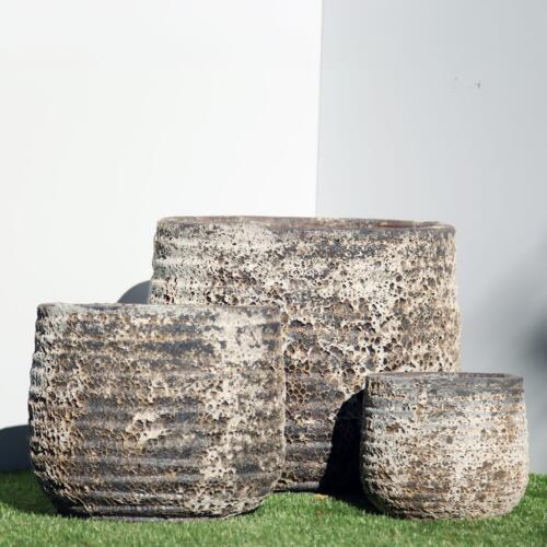 Pompeii Ribbed Planter with horizontal ribbing and black-and-white volcanic-style finish