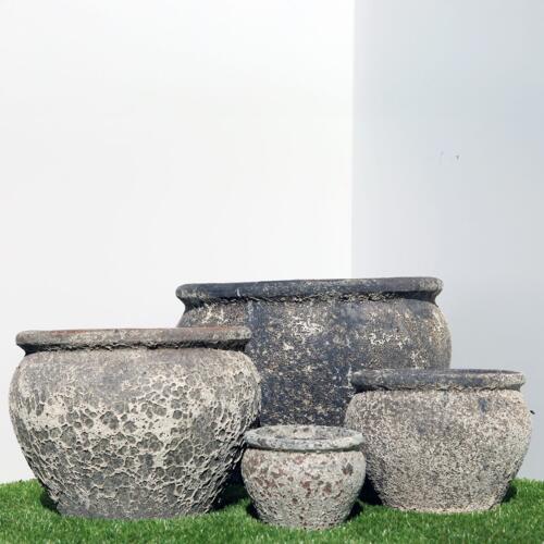 Pompeii Belly Planter with black and white volcanic texture finish, rounded ceramic planter for indoor and outdoor use, available with Sydney and Canberra delivery